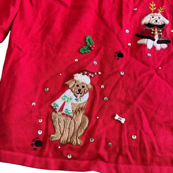 Ladies Christmas Sweater Puppies Dog Pug Golden Poodle Quaker Factory 3X Red - Picture 2 of 14